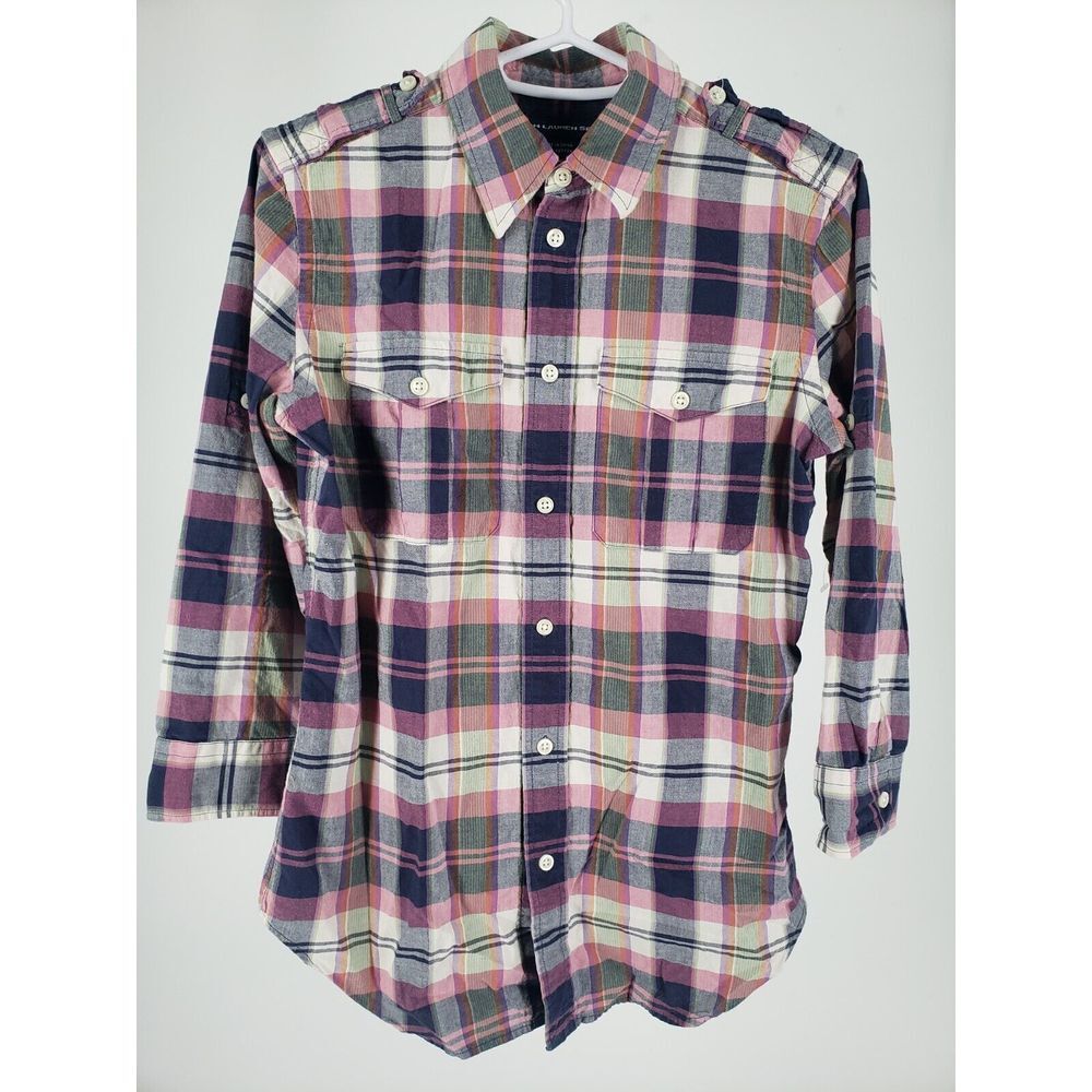 Ralph Lauren Sport Shirt Women's Size 2 Colorful Flannel Plaid 3/4 Sleeve